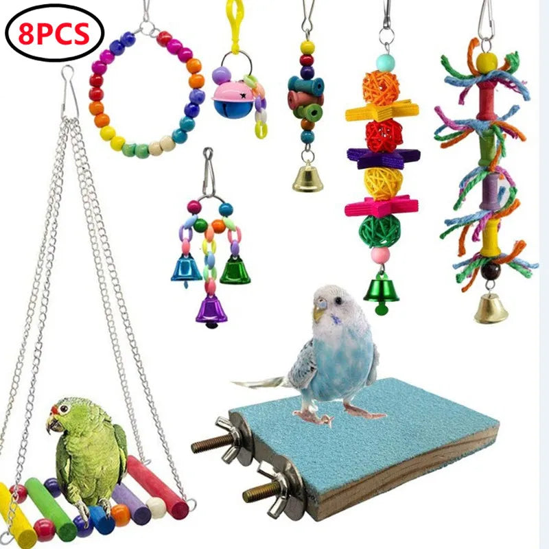 Combined set of parrot toys – swing, bell, ball, stand 15 pieces