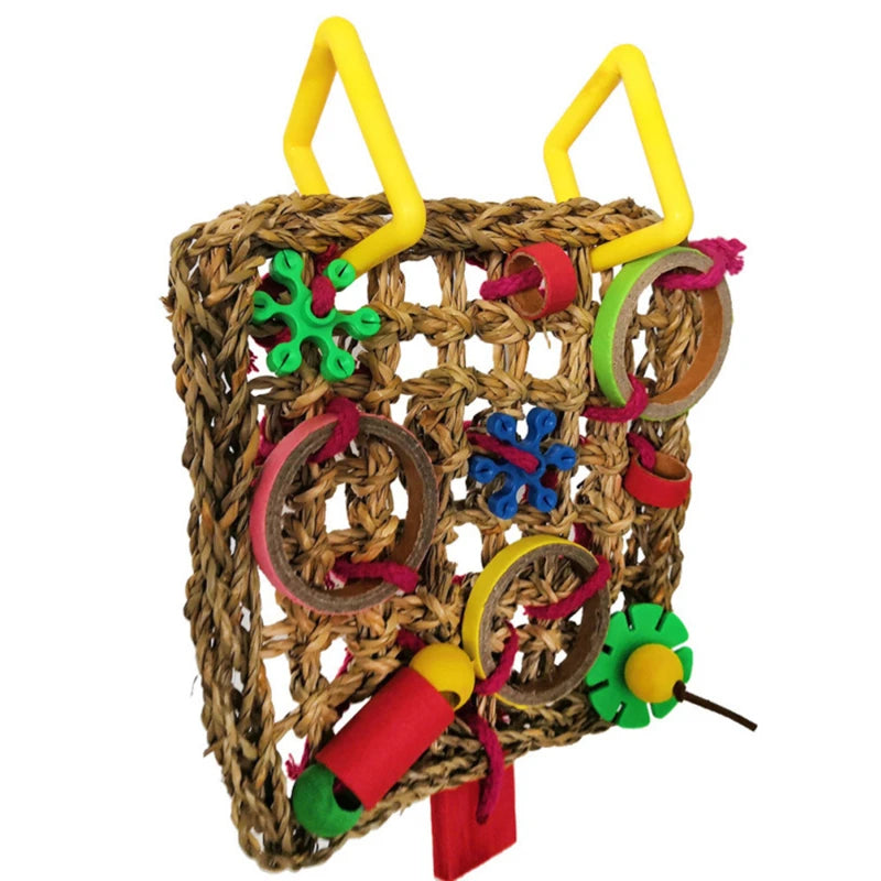 Parrot Toy – climbing net, swing, and chew toy made of wood and seagrass