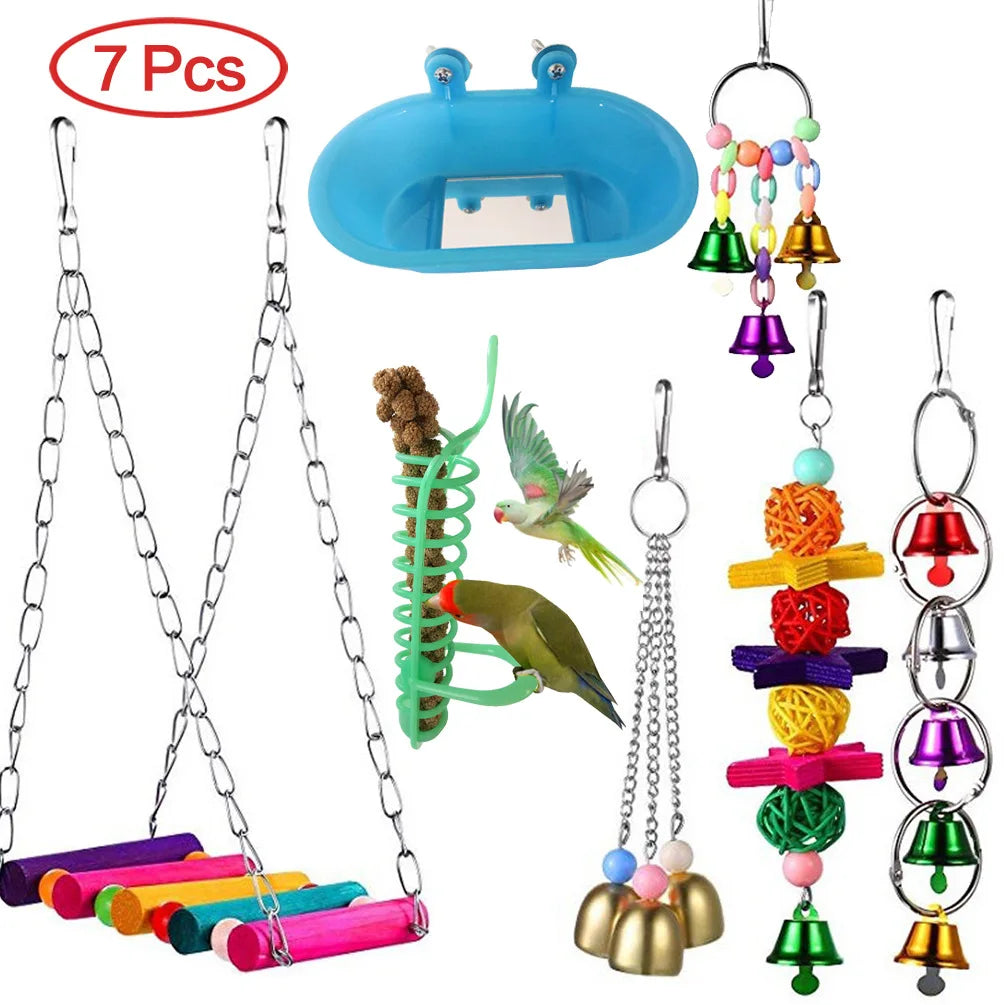 Combined set of parrot toys – swing, bell, ball, stand 15 pieces