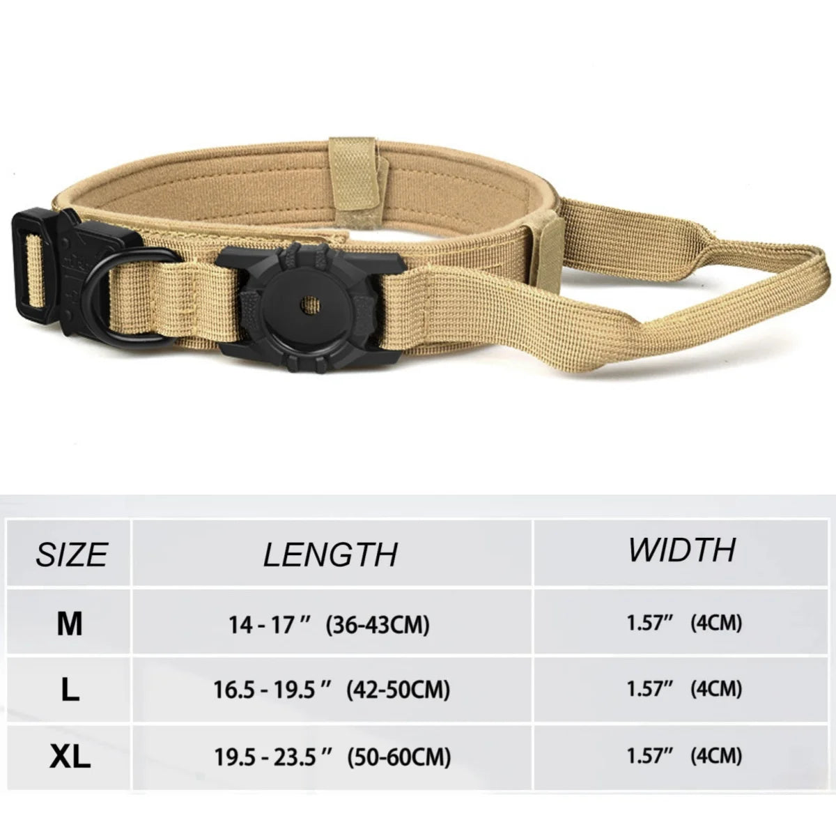 Taktička ogrlica za pse s AirTag držačem i ručkom – M, L, XL