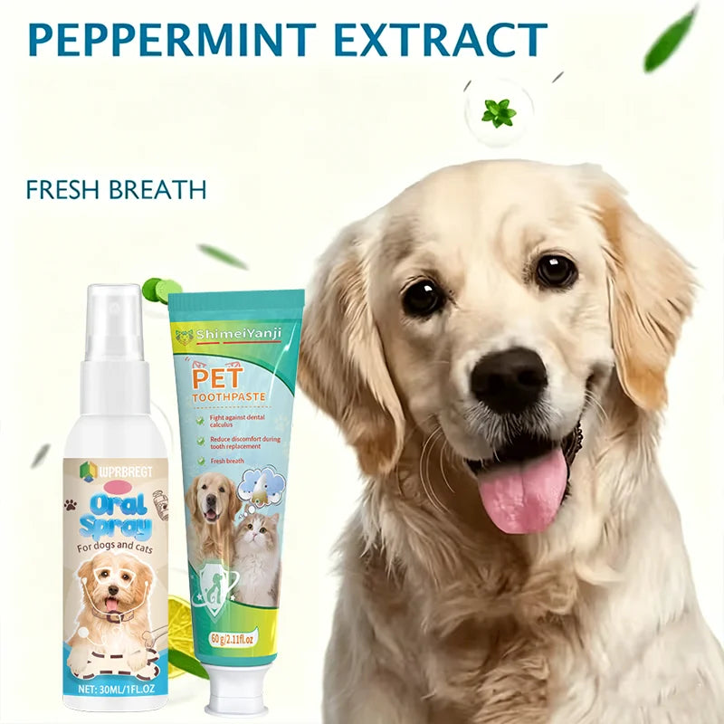 Pet Cleaning Toothpaste and Mouth Spray, Suitable for Cats and Dogs, Removes Tartar, Cleans Pet Teeth, Easy to Use