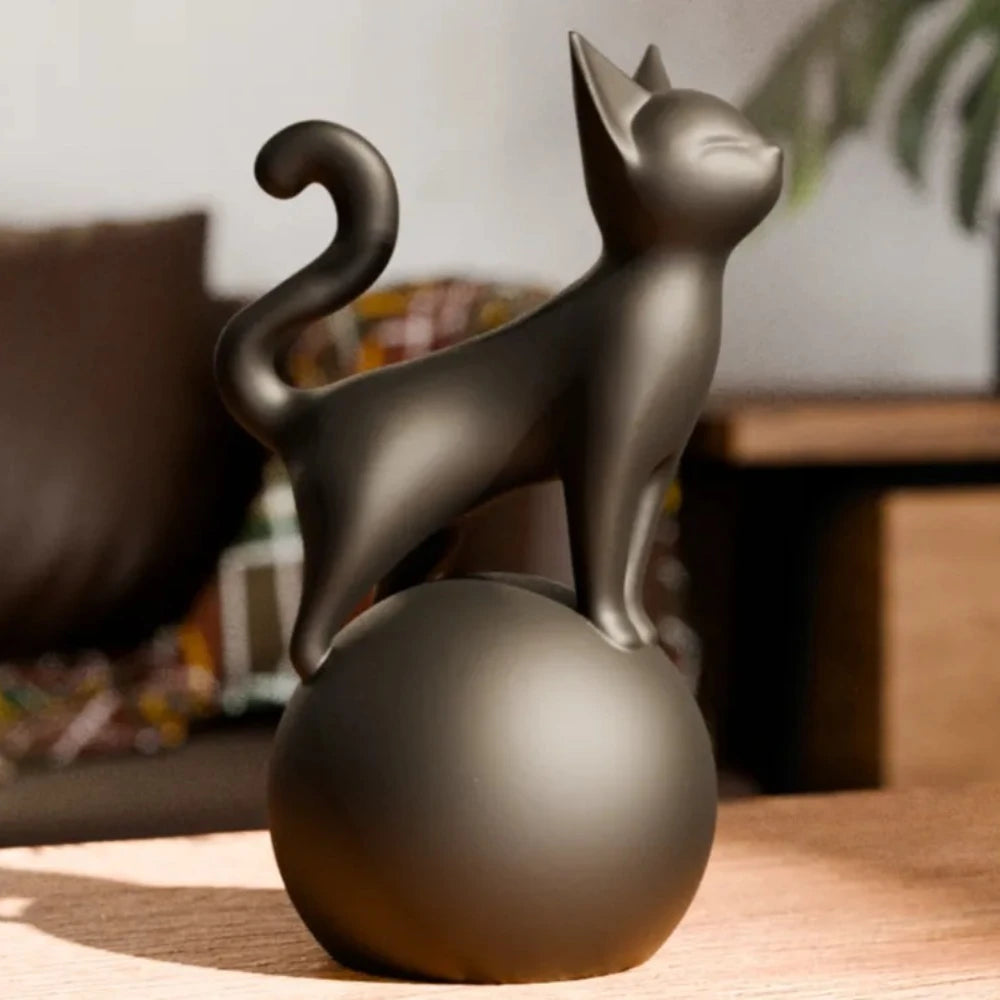 Cat on Ball Sculpture - 3D Art Figure, Minimalist Decoration