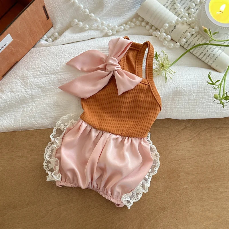 Pet Summer Lace Clothes Silk Jumpsuit Split Tank Top Bow Bubble Lace Half Skirt Thin Teddy Pet Dog Summer Dresses for Small Dog