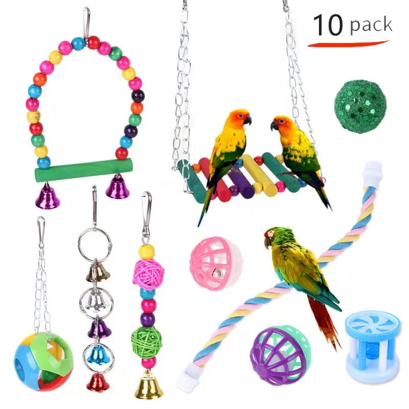 Combined set of parrot toys – swing, bell, ball, stand 15 pieces