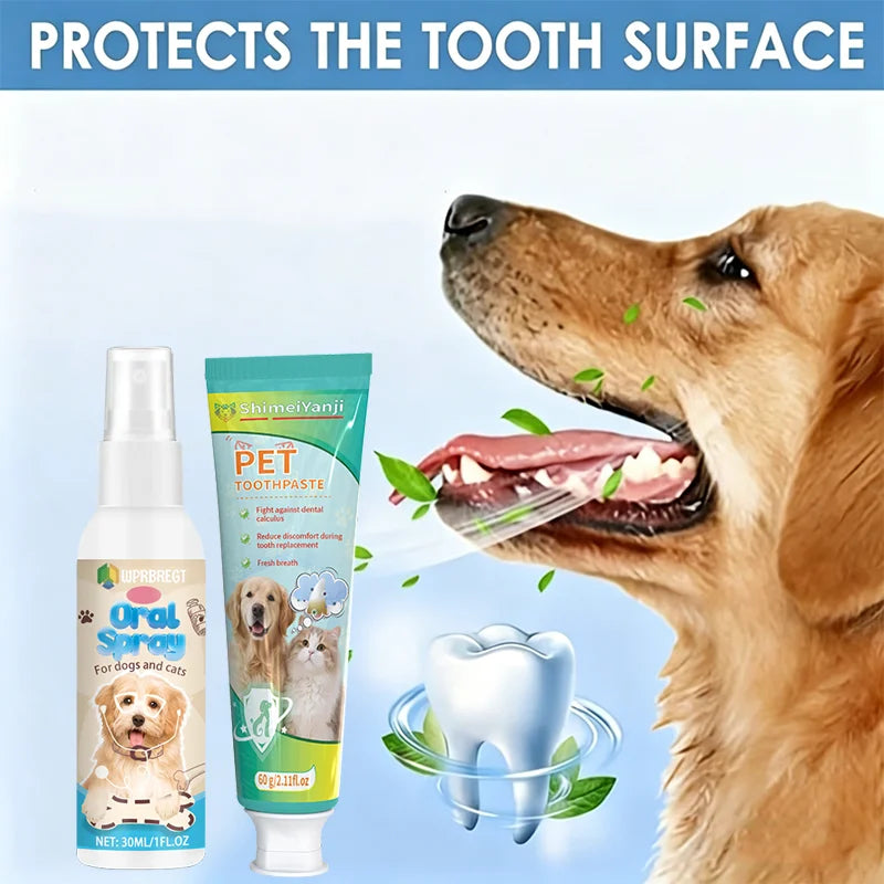 Pet Cleaning Toothpaste and Mouth Spray, Suitable for Cats and Dogs, Removes Tartar, Cleans Pet Teeth, Easy to Use