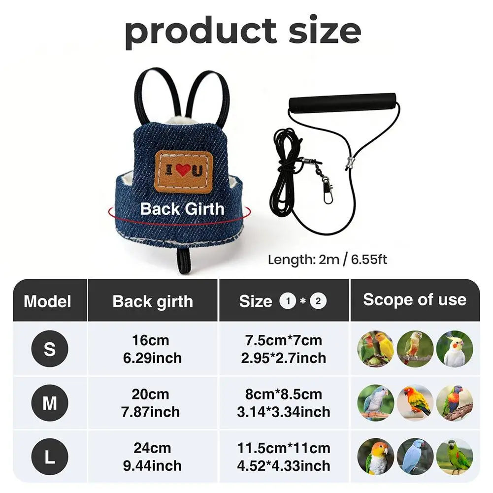 Parrot harness with leash – denim design, anti-bite, adjustable, S/M/L