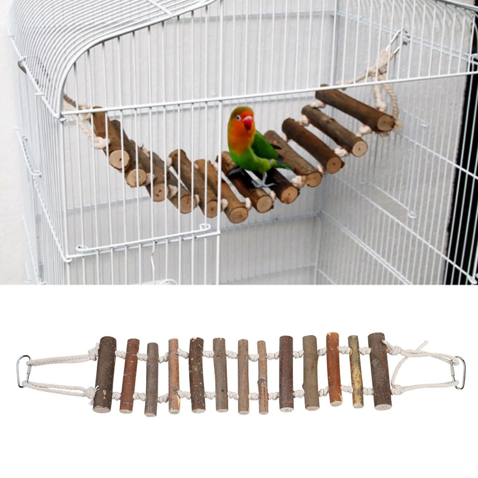 Drvena merdevine-ljuljaška za papagaje – konopac, penjanje, grickanje, 61 cm