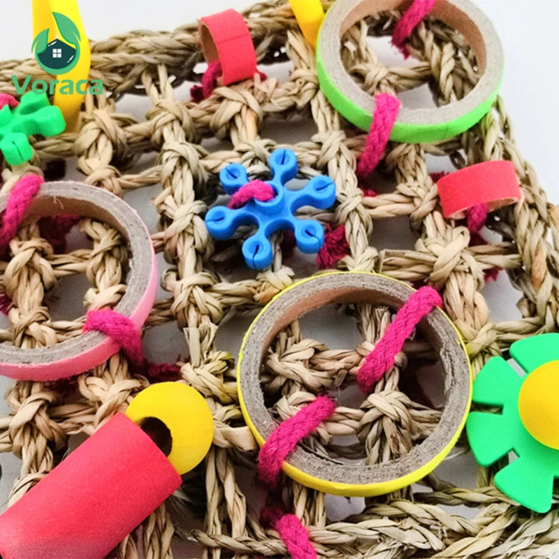 Parrot Toy – climbing net, swing, and chew toy made of wood and seagrass