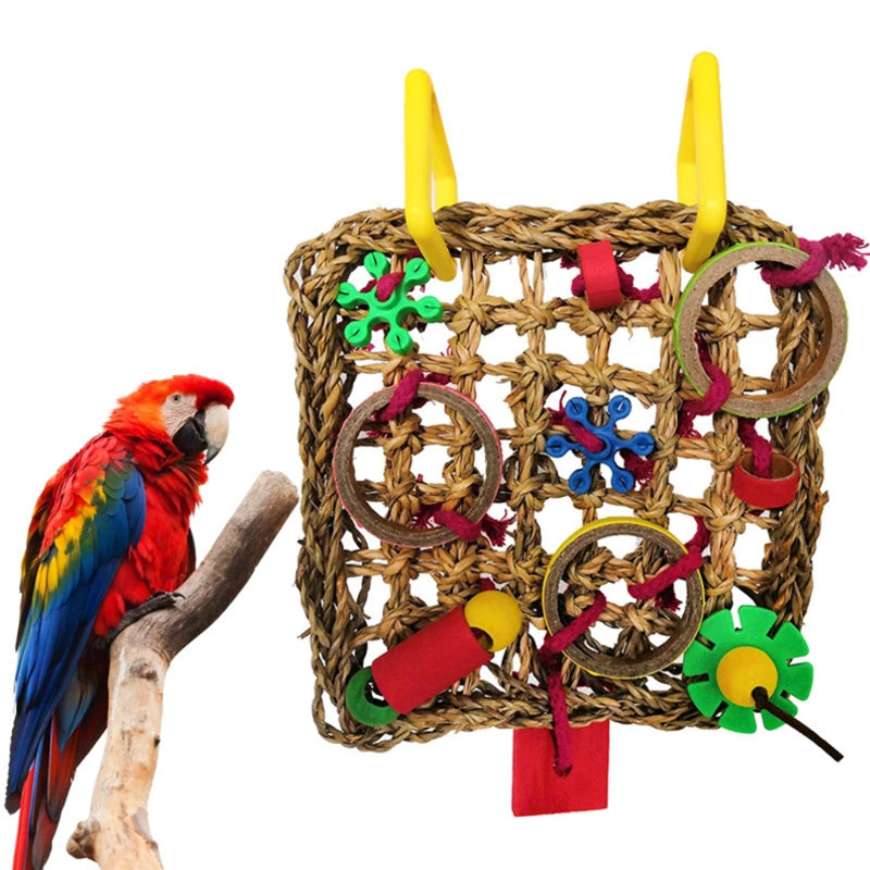 Parrot Toy – climbing net, swing, and chew toy made of wood and seagrass