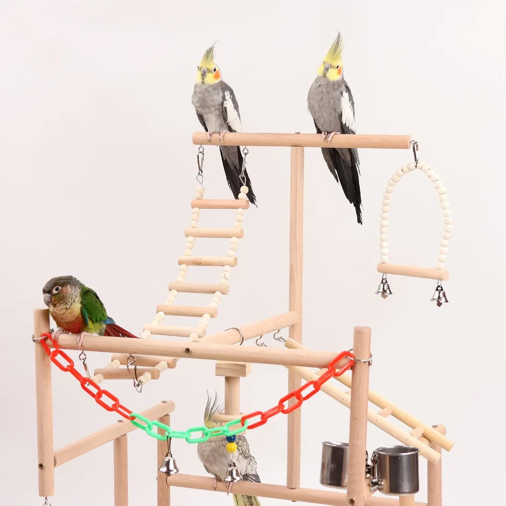 3-in-1 Wooden Tower for Parrots – Seat, Swing, and Ladder in One