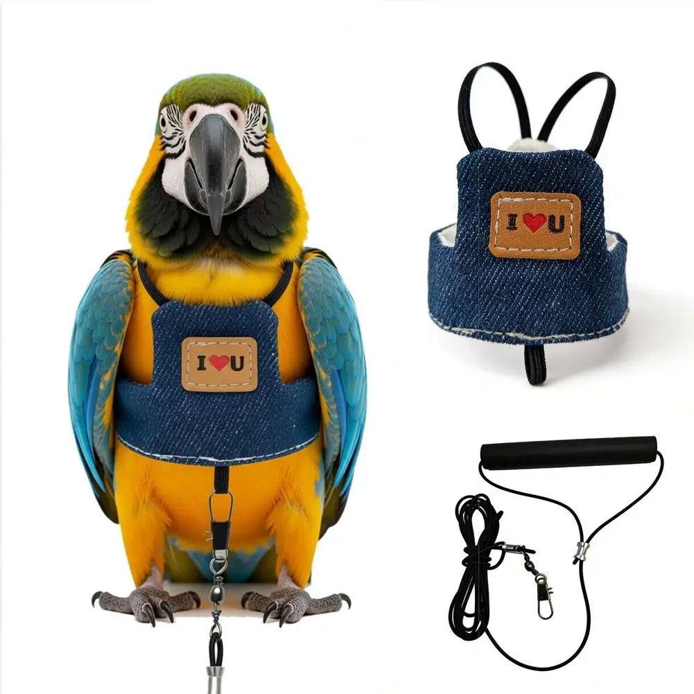 Parrot harness with leash – denim design, anti-bite, adjustable, S/M/L