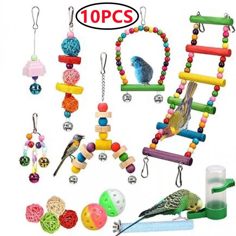 Combined set of parrot toys – swing, bell, ball, stand 15 pieces