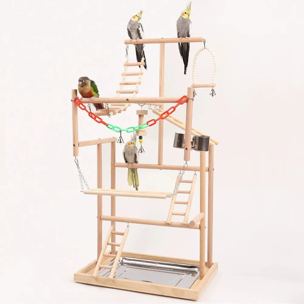 3-in-1 Wooden Tower for Parrots – Seat, Swing, and Ladder in One